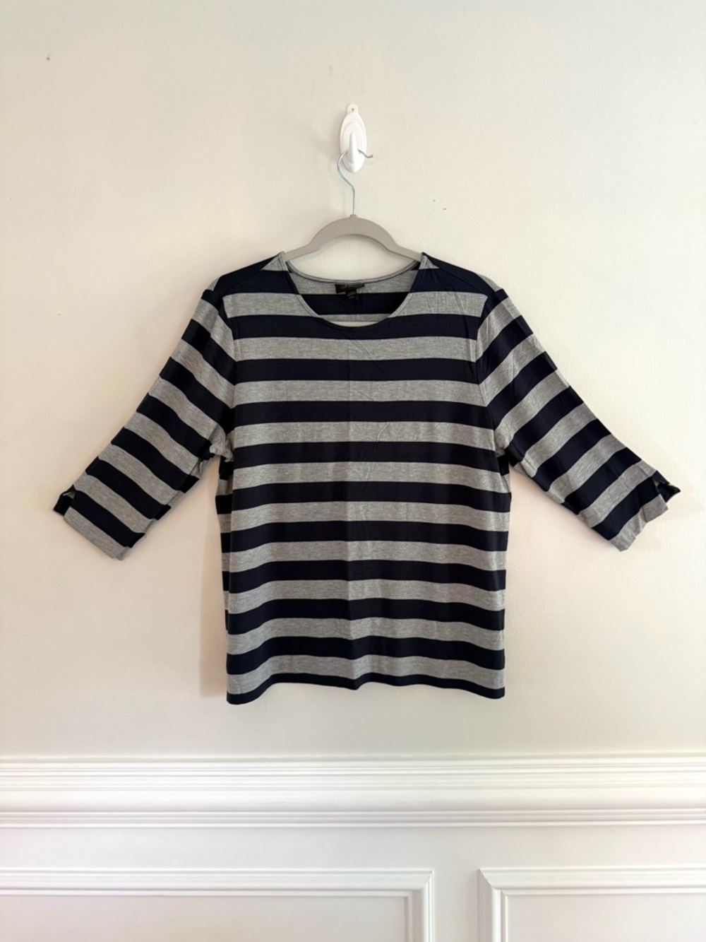 J. Jill Wearever Collection 3/4 Sleeve Top Navy and Gray Stripes Sz Petite Large